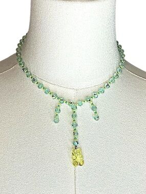 Green Crystal Beaded Necklace with Yellow Gummy Bear Pendant Handmade